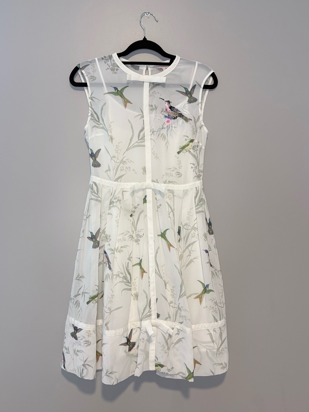 Ted Baker Hummingbird Embroidered Bow Dress Size 1 White Illusion Midi